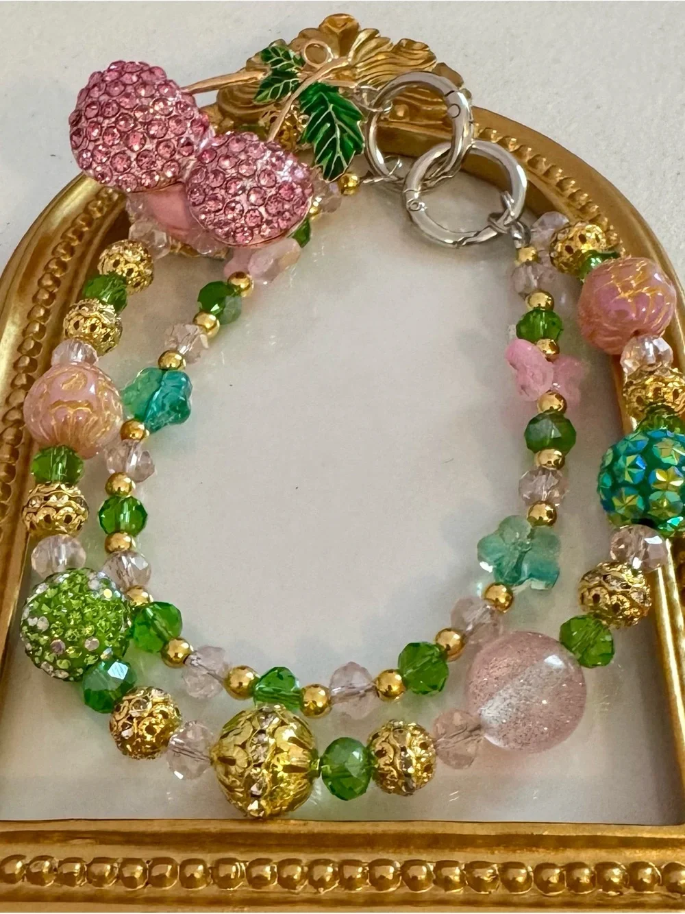 New Pink Cherries & Green Beaded Phone Chain